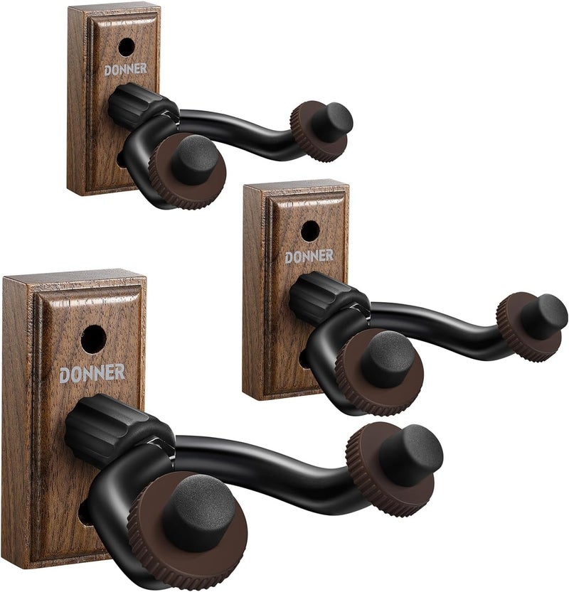 Donner Guitar Wall Mount Hanger 3 Pack, Guitar Wall Holder Black Walnut for Acoustic Electric Guitars, Bass, Folk Ukulele, Violin, Mandolin Banjo and String Instruments - Image 1