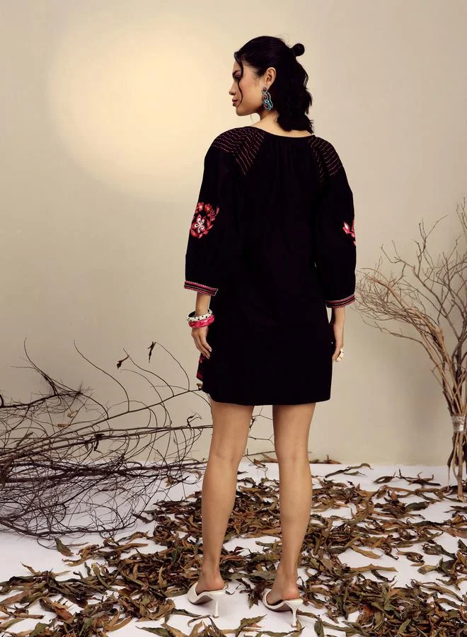 Sassafras  Black Poplin Embroidered Mini Dress for Women | Best Price UAE