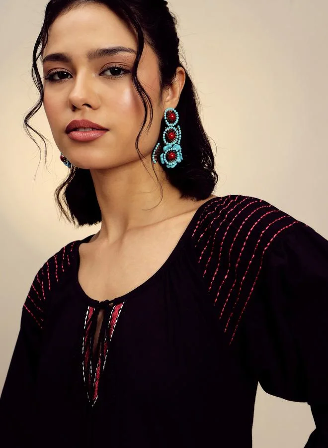 Sassafras  Black Poplin Embroidered Mini Dress for Women | Best Price UAE