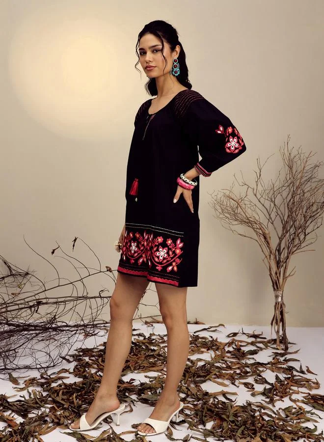 Sassafras  Black Poplin Embroidered Mini Dress for Women | Best Price UAE
