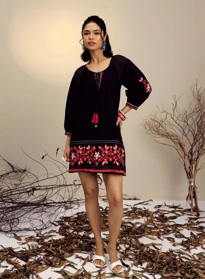 Sassafras  Black Poplin Embroidered Mini Dress for Women | Best Price UAE