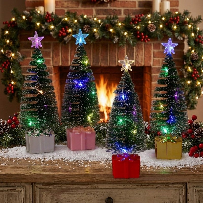 Mini Flocked Christmas Tree: 4-Pack Battery Powered Warm White Color Changing LED - No Assembly Required Gift Box Base - Light Up Tabletop Tree for Desk Office Home Parties Christmas Lovers - Image 3