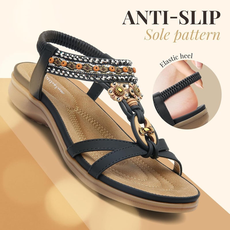 Littleplum Womens Sandals Arch Support Bohemian T-Strap Flower Rhinestone Sandals Women's Non Slip Summer Beach Flat Sandals Black Size 8 - Image 3