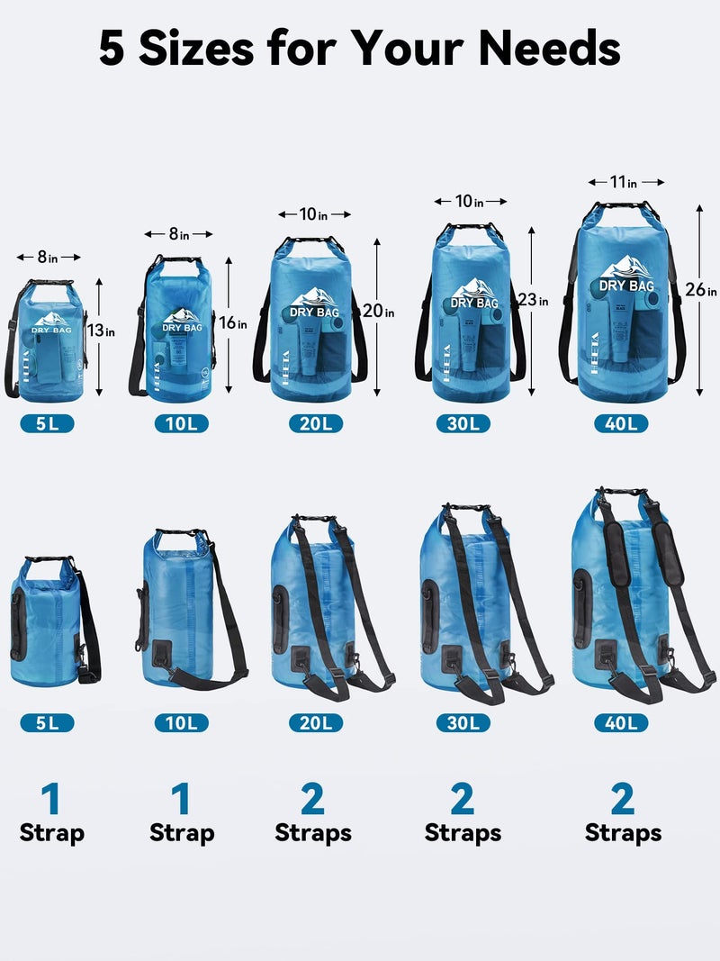 HEETA Dry Bag Waterproof for Women Men, Roll Top Lightweight Dry Storage Bag Backpack with Phone Case for Travel, Swimming, Boating, Kayaking, Camping and Beach (Transparent Blue, 5L) - Image 2