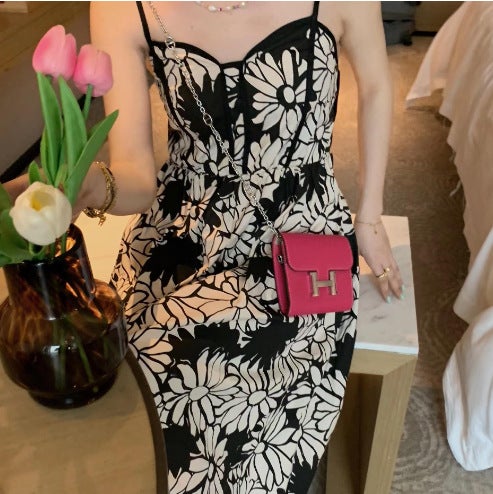 2024 Designer Floral Slip Dress Elegant Slim Fit Apricot 
