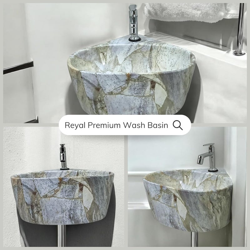 Reyal Premium Ceramic Triangular Corner Wash basin For BathroomWall Mount Basin 365 X345 X150 MM Ceramic Tabletop BasinSmall Corner SinkBathroom Basin Blue Stone Marble Glossy - Image 5