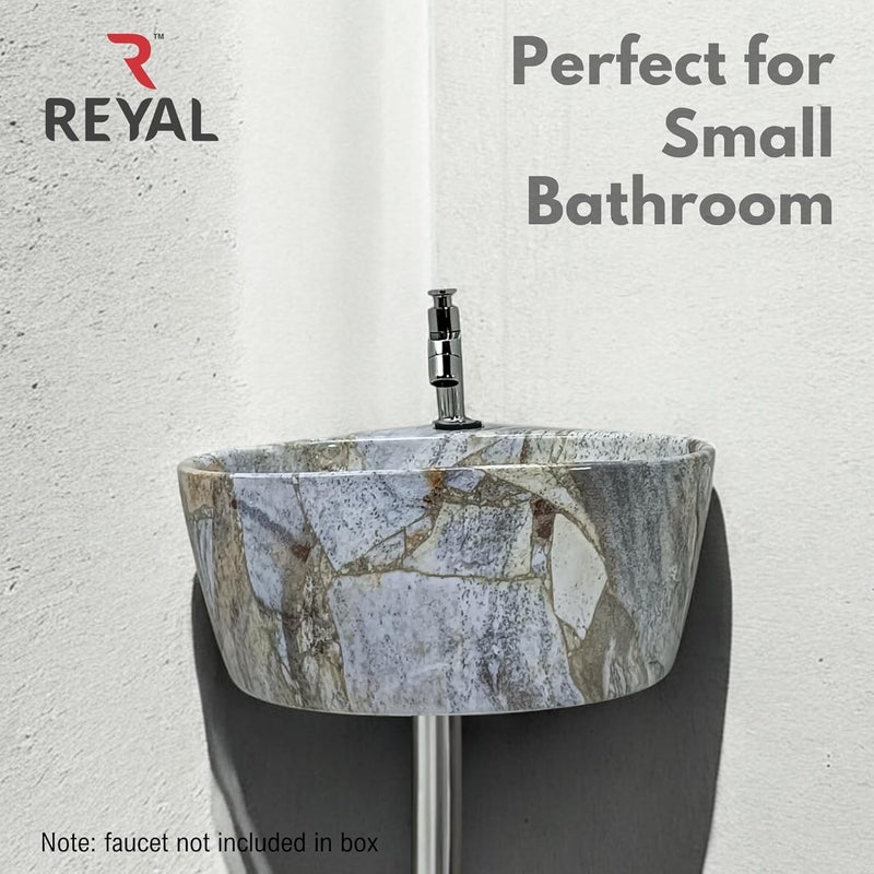 Reyal Premium Ceramic Triangular Corner Wash basin For BathroomWall Mount Basin 365 X345 X150 MM Ceramic Tabletop BasinSmall Corner SinkBathroom Basin Blue Stone Marble Glossy - Image 2