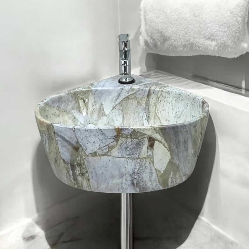 Reyal Premium Ceramic Triangular Corner Wash basin For BathroomWall Mount Basin 365 X345 X150 MM Ceramic Tabletop BasinSmall Corner SinkBathroom Basin Blue Stone Marble Glossy - Image 1