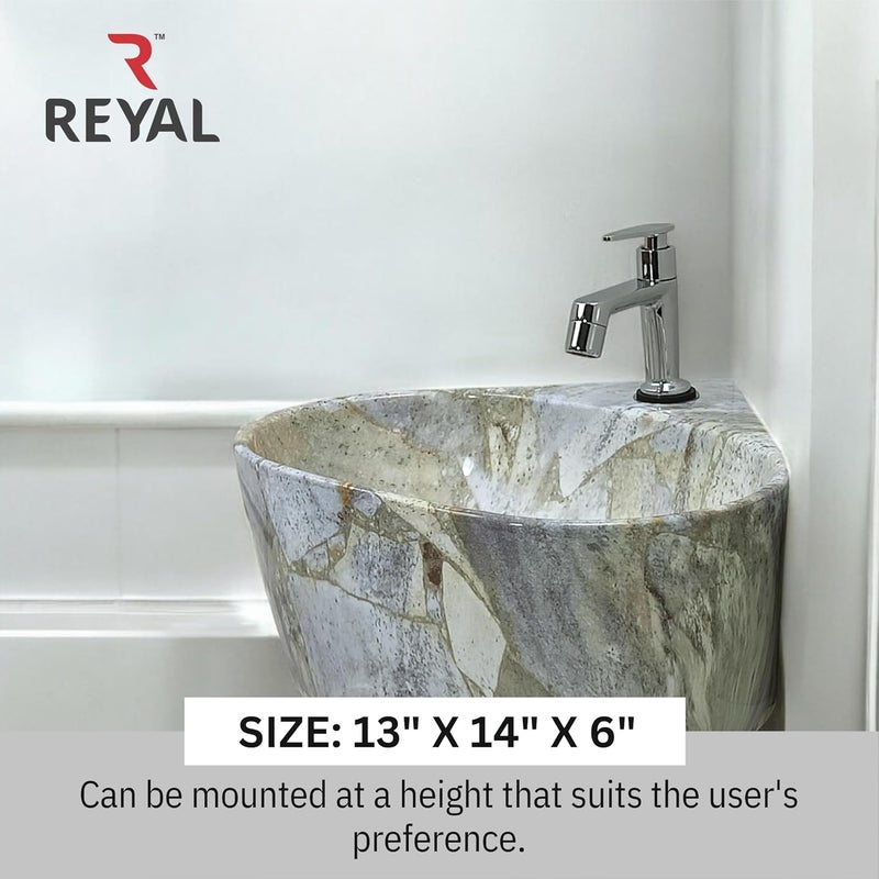 Reyal Premium Ceramic Triangular Corner Wash basin For BathroomWall Mount Basin 365 X345 X150 MM Ceramic Tabletop BasinSmall Corner SinkBathroom Basin Blue Stone Marble Glossy - Image 3