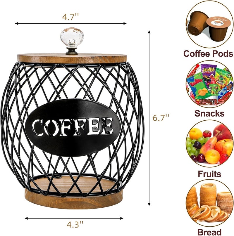 WRINGKIT Coffee Pod Holder with Lid, Large Capacity K Cup Storage Basket, Black Wire Coffee Pod Basket Decor for Countertop, Round Coffees Holder for Keurig Kcups, Espresso Capsules - Image 2