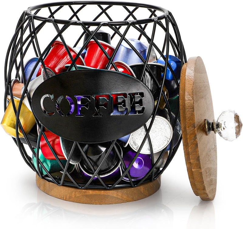 WRINGKIT Coffee Pod Holder with Lid, Large Capacity K Cup Storage Basket, Black Wire Coffee Pod Basket Decor for Countertop, Round Coffees Holder for Keurig Kcups, Espresso Capsules - Image 1