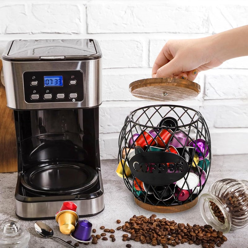 WRINGKIT Coffee Pod Holder with Lid, Large Capacity K Cup Storage Basket, Black Wire Coffee Pod Basket Decor for Countertop, Round Coffees Holder for Keurig Kcups, Espresso Capsules - Image 5