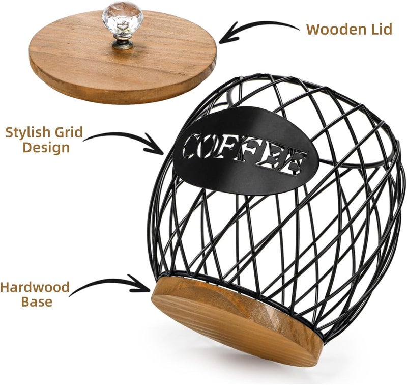 WRINGKIT Coffee Pod Holder with Lid, Large Capacity K Cup Storage Basket, Black Wire Coffee Pod Basket Decor for Countertop, Round Coffees Holder for Keurig Kcups, Espresso Capsules - Image 3