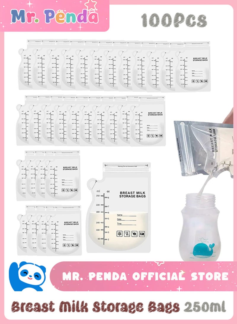 100PCS Breast Milk Storage Bags, 250ml Disposable Milk Storage,  Bags with Pour Spout for Breastfeeding, No Leak Milk Freezer Storage Pouches for Breast Milk Storage