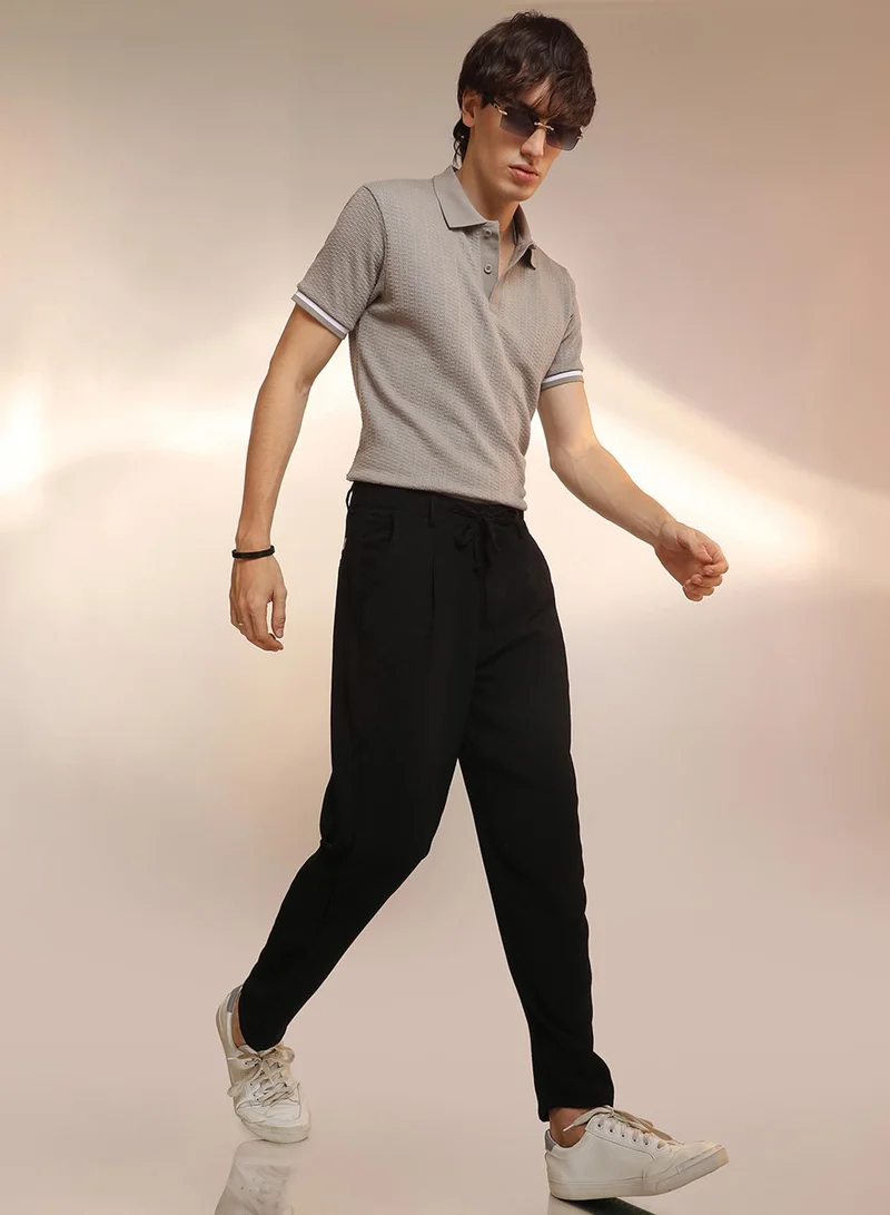 Campus Sutra  Men's Obsidian Black Solid Pleated Trousers for Men | Best Price UAE