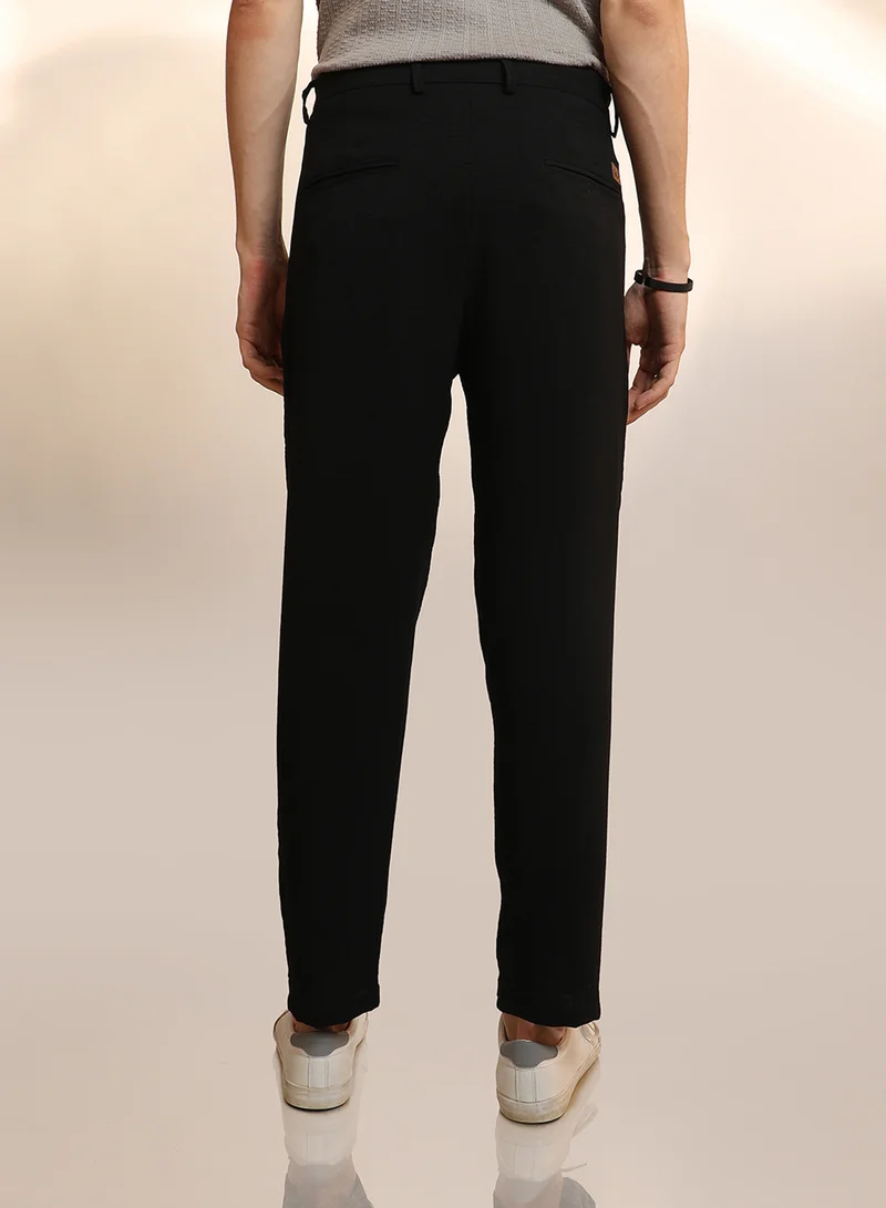 Campus Sutra  Men's Obsidian Black Solid Pleated Trousers for Men | Best Price UAE