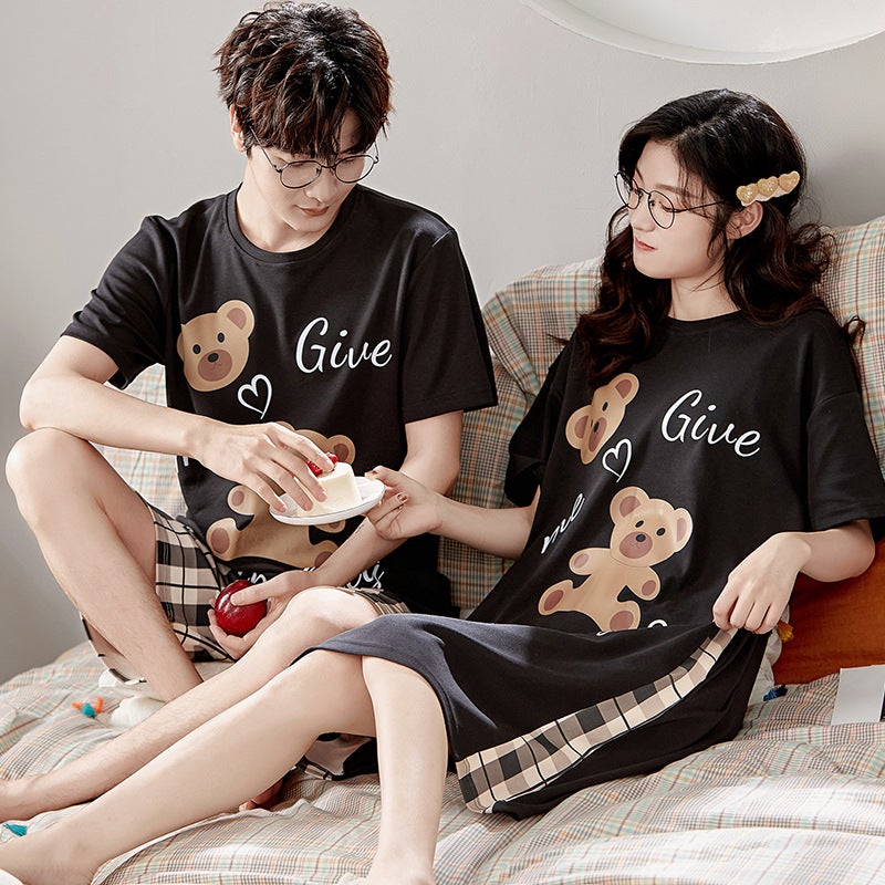 New Summer Couple Pajamas for Women, Short-Sleeved Pure Cotton Wedding Nightgown, Men's Zodiac Year Red Home Wear Set - Image 1