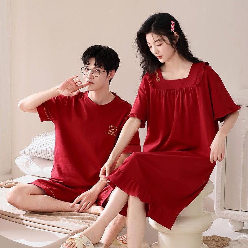 New Summer Couple Pajamas for Women, Short-Sleeved Pure Cotton Wedding Nightgown, Men's Zodiac Year Red Home Wear Set - Image 3