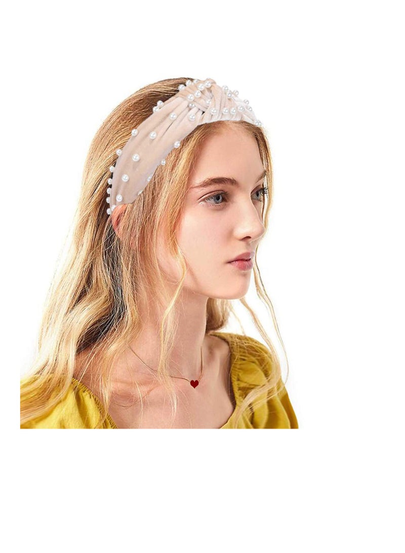 2PCS Fashionable Wide Headbands for Women, Bow Knotted Elastic Hair Accessories for Yoga and Daily Wear - Comfortable and Non-Slip (Black Pearl, Beige Pearl) - Image 4