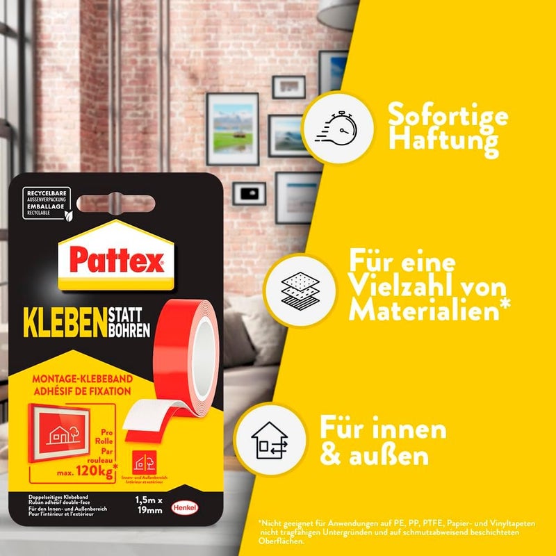 باتكس لاصق بدلاً من شريط الحفر، شريط مزدوج الجوانب قوي للغاية، شريط لاصق مزدوج للتركيب الداخلي والخارجي، للتركيب على الحائط بدون حفر، 19 مم × 1.5 متر - Image 2