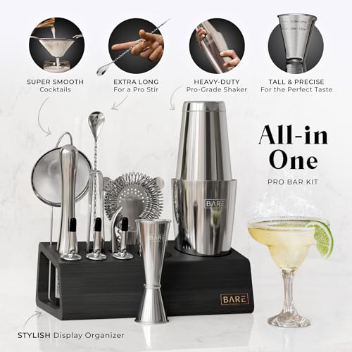 BARE BARREL® Mixology Bartender Kit Bar Set | 14-Piece Cocktail Shaker Set | Martini Barware Mixing Tools for Home Bartending | Incl. 35 Recipe Cards | Gift Set (28oz Boston Shaker, Silver/Black) - Image 2