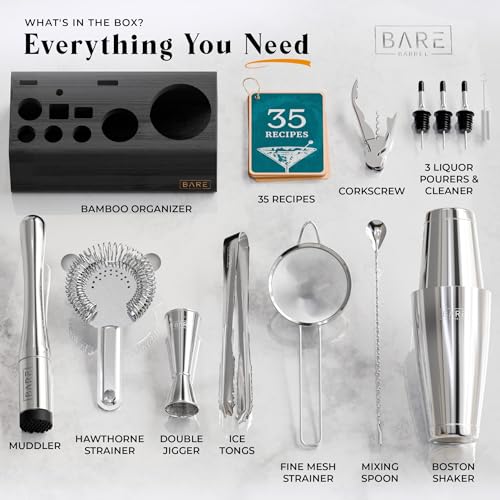 BARE BARREL® Mixology Bartender Kit Bar Set | 14-Piece Cocktail Shaker Set | Martini Barware Mixing Tools for Home Bartending | Incl. 35 Recipe Cards | Gift Set (28oz Boston Shaker, Silver/Black) - Image 4