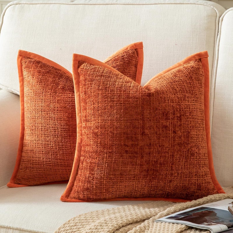 Yaertun Pack of 2 Chenille Textured Decorative Throw Pillow Covers Accent Solid Cushion Cover Soft Cozy Pillow Case with Velvet Back for Couch Sofa Bed Living Room 16x16 Inch Rust - Image 1