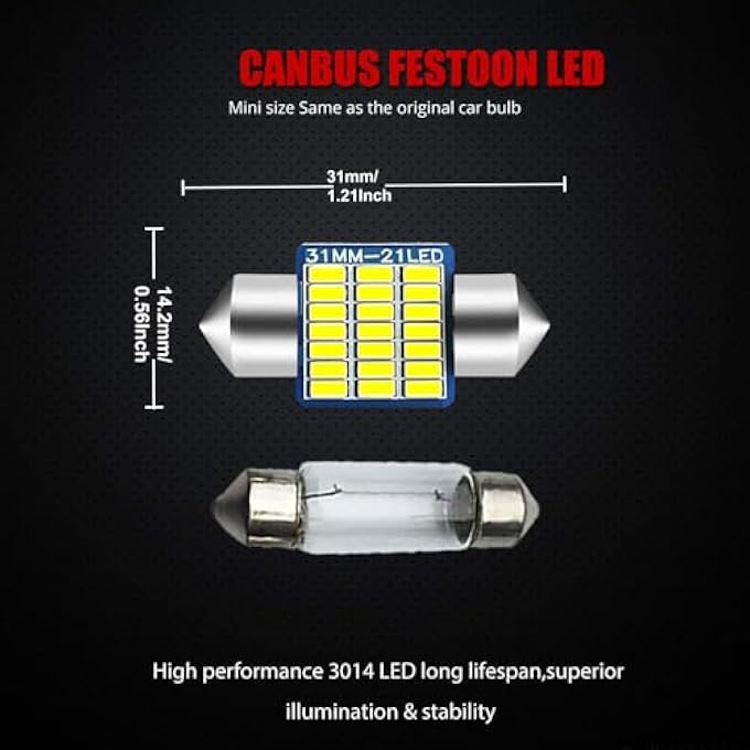 YEERON De3175 6428 Led Bulb Super Bright 21Smd 3014 Chips 31Mm Canbus Festoon De3021 De3022 3175 Led Interior Dome Map Trunk Step Courtesy LightsXenon White10Pack - Image 4