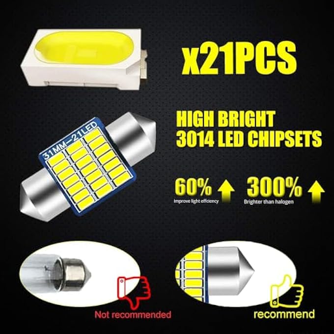 YEERON De3175 6428 Led Bulb Super Bright 21Smd 3014 Chips 31Mm Canbus Festoon De3021 De3022 3175 Led Interior Dome Map Trunk Step Courtesy LightsXenon White10Pack - Image 5