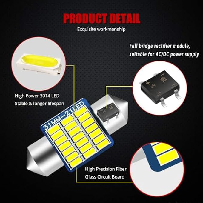 YEERON De3175 6428 Led Bulb Super Bright 21Smd 3014 Chips 31Mm Canbus Festoon De3021 De3022 3175 Led Interior Dome Map Trunk Step Courtesy LightsXenon White10Pack - Image 3