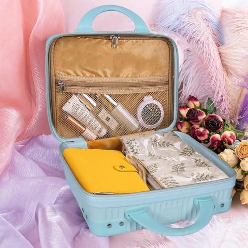 FALMAGU Portable Hard Shell Cosmetic Bag Travel Case, Small Travel Hand Luggage with Elastic Band, Mini Abs Carrying Makeup Case Suitcase (B-Sky) - Image 5