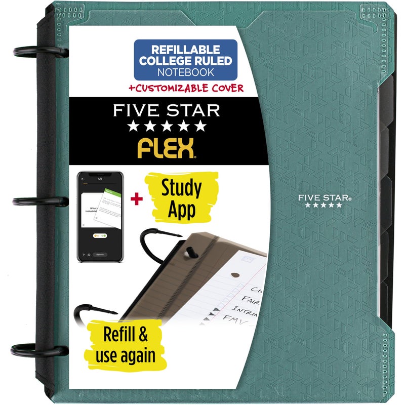 Five Star Flex Refillable Notebook Study App College Ruled Paper and 1 Inch TechLock Ring Binder with Customizable Cover Pockets Tabs and Dividers 200 Sheet Capacity Seaglass Green 29326AQ8