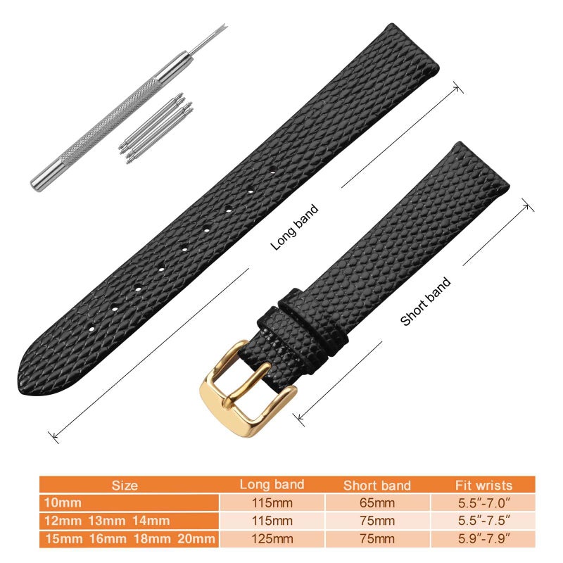 ANNEFIT Women's Leather Watch Band 15mm with Gold Buckle, Lizard Grain Slim Thin Replacement Strap (Black) - Image 5