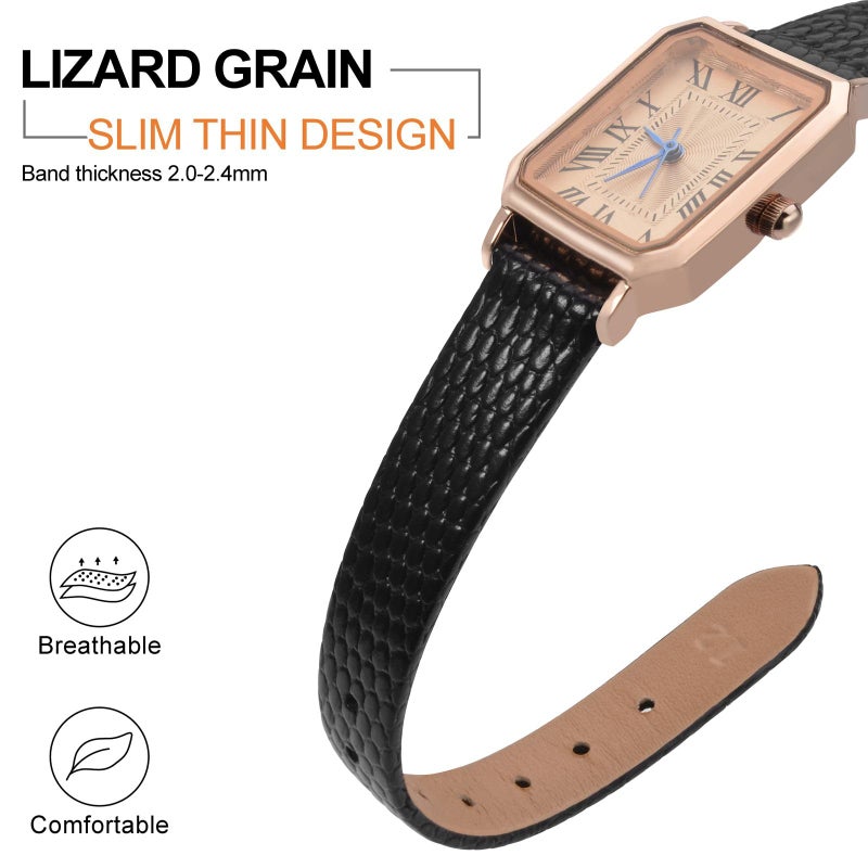 ANNEFIT Women's Leather Watch Band 15mm with Gold Buckle, Lizard Grain Slim Thin Replacement Strap (Black) - Image 3