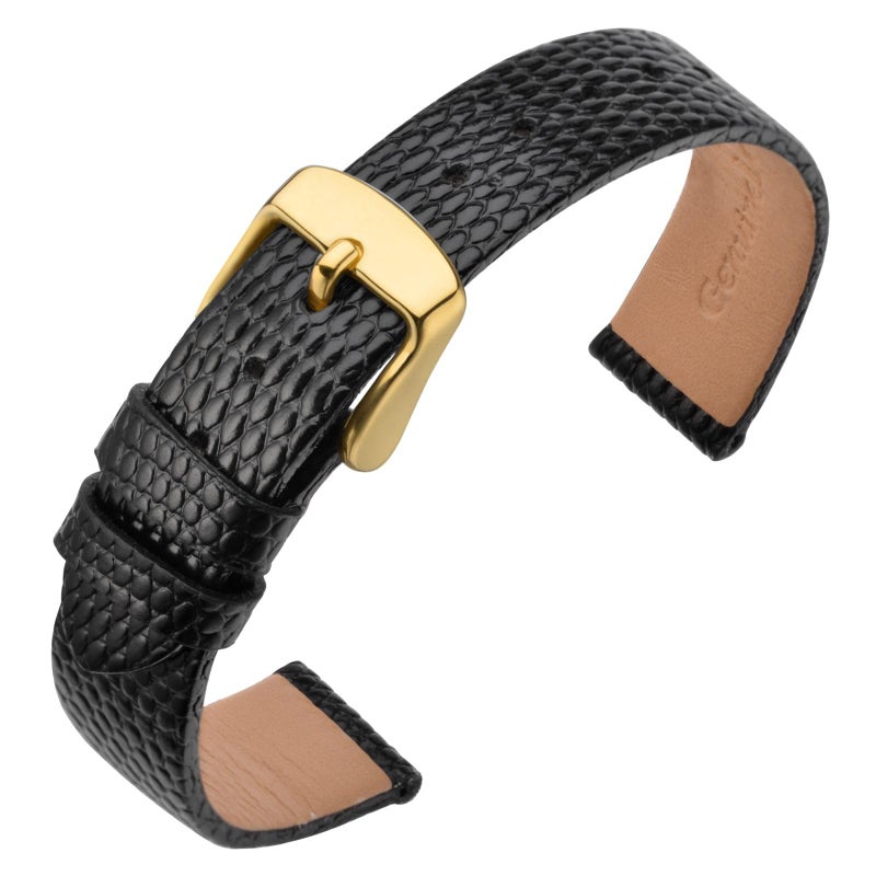 ANNEFIT Women's Leather Watch Band 15mm with Gold Buckle, Lizard Grain Slim Thin Replacement Strap (Black) - Image 1