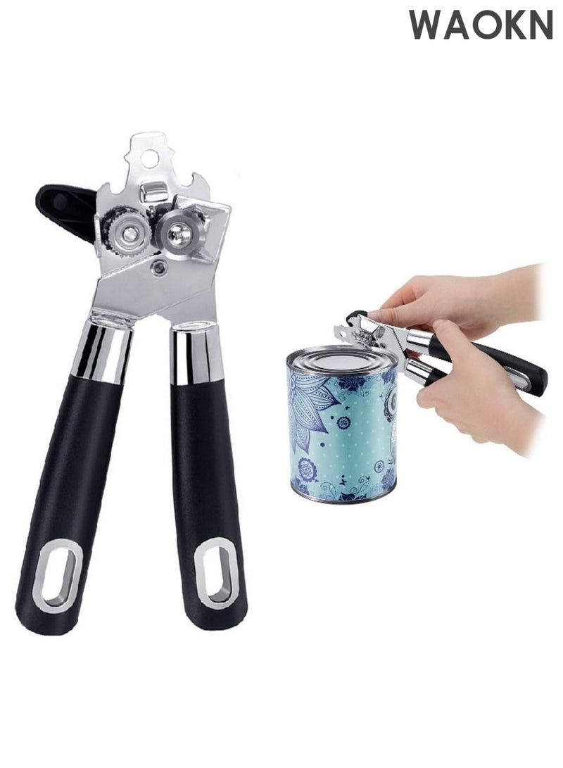 دبليو أيه أو كي أن فتاحة علب يدوية، فتاحة علب يدوية 3 في 1 بمقبض كبير الحجم سهل الدوران، فتاحة زجاجات مريحة مع قبضة يد مضادة للانزلاق لكبار السن، فتاحة علب ذات حواف ناعمة (أسود) - Image 1