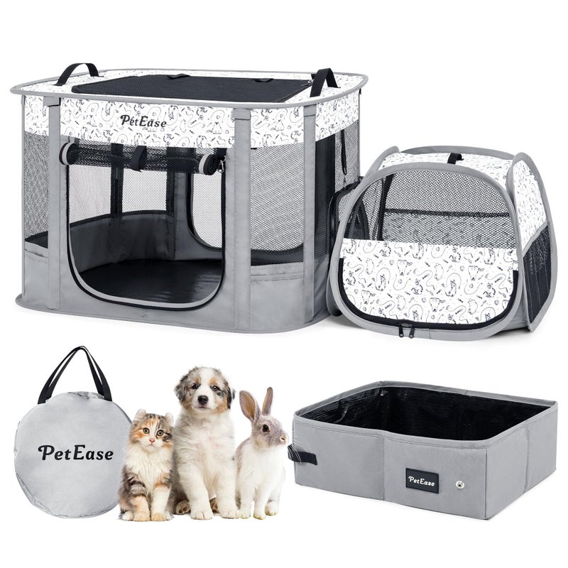 PETEASE Portable Cat Playpen with Litter Box, Cat Enclosure for Camping, Cat Recovery Playpen After Surgery, Foldable Indoor Outdoor Pet Tent for Cats Rabbits Puppies (Light Gray) - Image 1