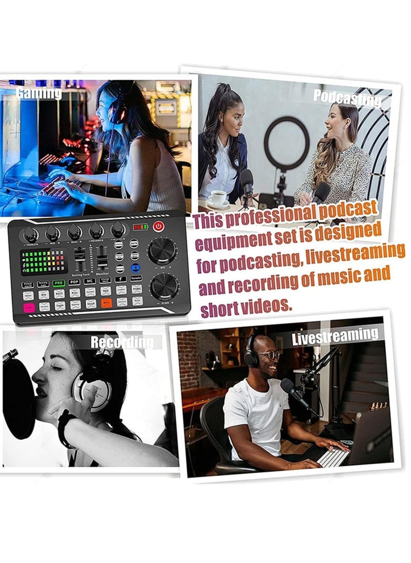 BORTONY - Sound Card Podcast Kit Bundle with Audio Interface F998 Voice Changer Sound Card Condenser Karaoke Microphone Mic Stand and Mic Pop Filter Multi Sound Effects for Live Streaming Podcast Mic Starter Kit DJ Audio Mixer for Podcast and Live - Image 1