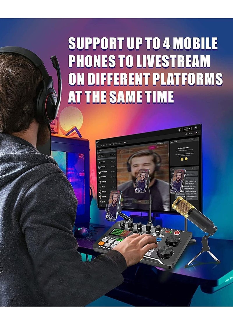 BORTONY - Sound Card Podcast Kit Bundle with Audio Interface F998 Voice Changer Sound Card Condenser Karaoke Microphone Mic Stand and Mic Pop Filter Multi Sound Effects for Live Streaming Podcast Mic Starter Kit DJ Audio Mixer for Podcast and Live - Image 1