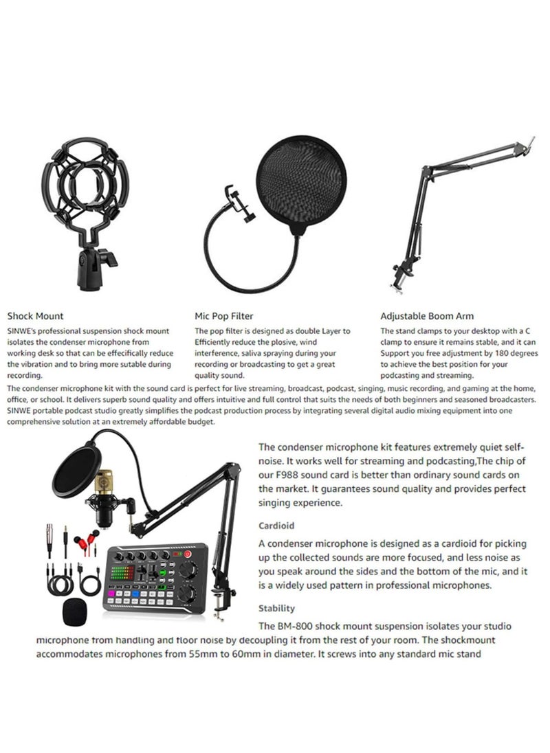 BORTONY - Sound Card Podcast Kit Bundle with Audio Interface F998 Voice Changer Sound Card Condenser Karaoke Microphone Mic Stand and Mic Pop Filter Multi Sound Effects for Live Streaming Podcast Mic Starter Kit DJ Audio Mixer for Podcast and Live - Image 1
