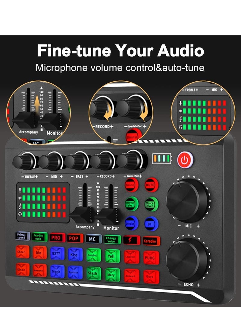 BORTONY - Sound Card Podcast Kit Bundle with Audio Interface F998 Voice Changer Sound Card Condenser Karaoke Microphone Mic Stand and Mic Pop Filter Multi Sound Effects for Live Streaming Podcast Mic Starter Kit DJ Audio Mixer for Podcast and Live - Image 1