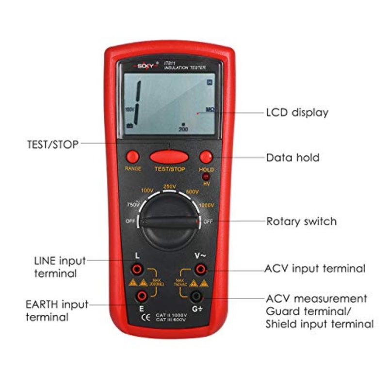 Insulation Resistance Meter Digital Ohmmeter Handheld Insulation Tester 0.1MΩ-2000MΩ Auto-Ranging High Accuracy LCD Insulation Measurement Instrument - Image 2
