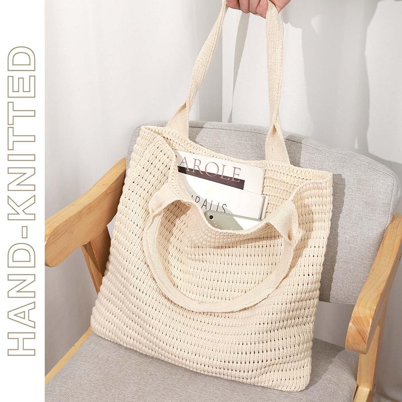 hatisan Crochet Bags for Women Large Tote Bag Aesthetic Handbag Shoulder Bag Hippie Bag Knit Bag (Beige-1) - Image 4