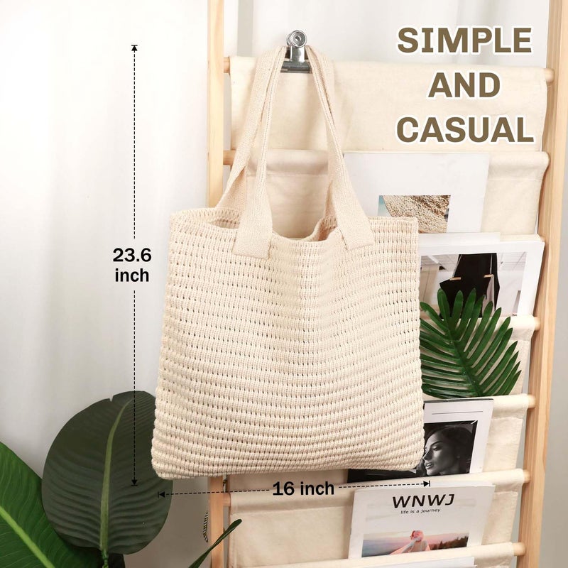 hatisan Crochet Bags for Women Large Tote Bag Aesthetic Handbag Shoulder Bag Hippie Bag Knit Bag (Beige-1) - Image 5