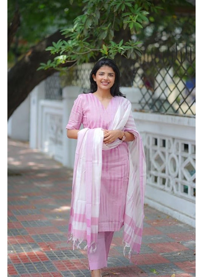 ANNI Designer Women's Cotton Kurta Pant Dupatta Set | Light Pink Kurti   Set for Women | Kurta Sets for Woman | Pure Cotton Kurti Set | 3-Piece Festival Ethnic Dress|M - Image 4