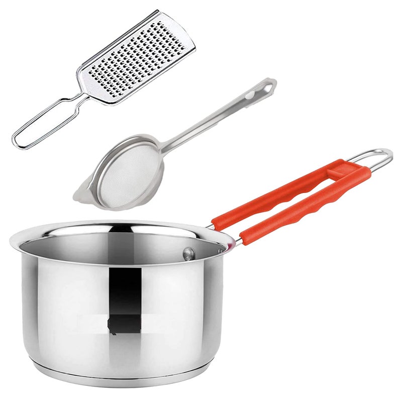IDEAL PRIME Heavy Gauge Stainless Steel Saucepan Induction Bottom with Tea Strainer & Grater (3 Pices) | Steel Tapeli Milk/Tea Pan Chai Channi Kisni Kishni Kitchen Tools Pack of 3 - Image 1