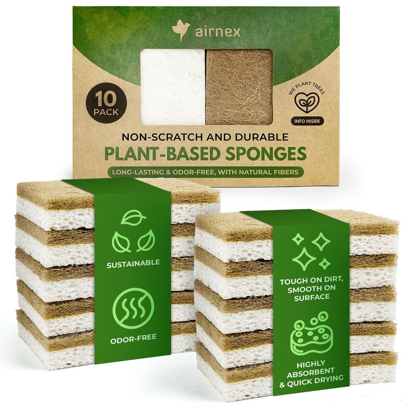 AIRNEX 10 Pack Biodegradable Natural Kitchen Sponge - Compostable Cellulose and Coconut Walnut Scrubber Sponge - Eco Friendly Sponges for Dishes - Image 1