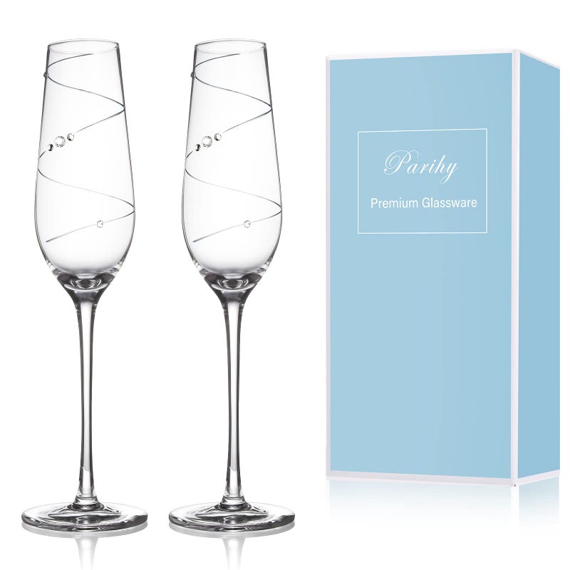 Parihy Champagne Flutes Glasses Set of 2 Bride and Groom Champagne Flutes Wedding Toasting Flutes Wraparound HandCut Design Embellished with Crystals Anniversary Party Birthday Banquets Presents