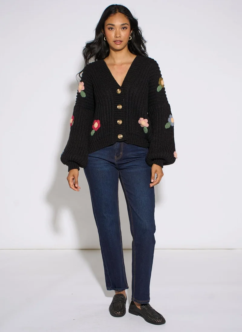 Gini London  Black 3D Floral Chunky Knit Cardigan for Women | Best Price UAE