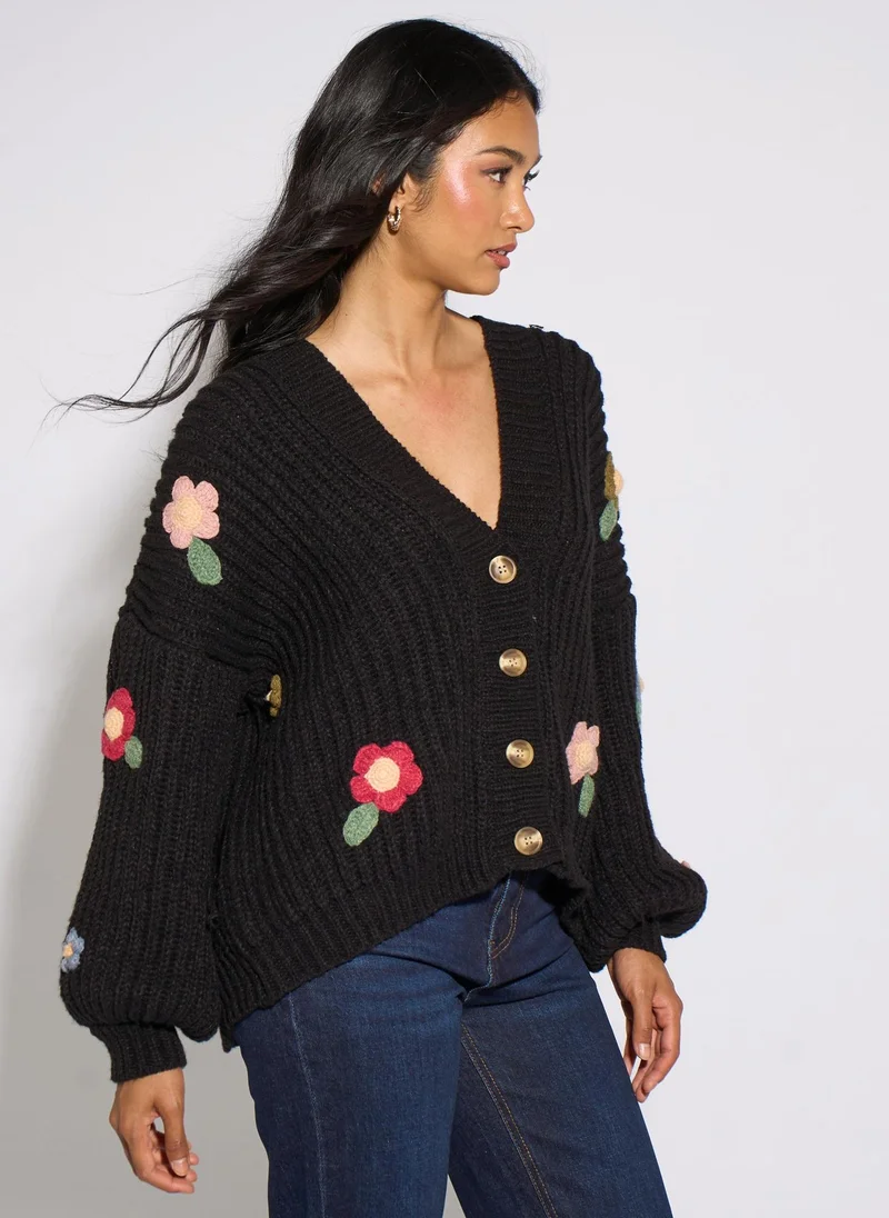 Gini London  Black 3D Floral Chunky Knit Cardigan for Women | Best Price UAE